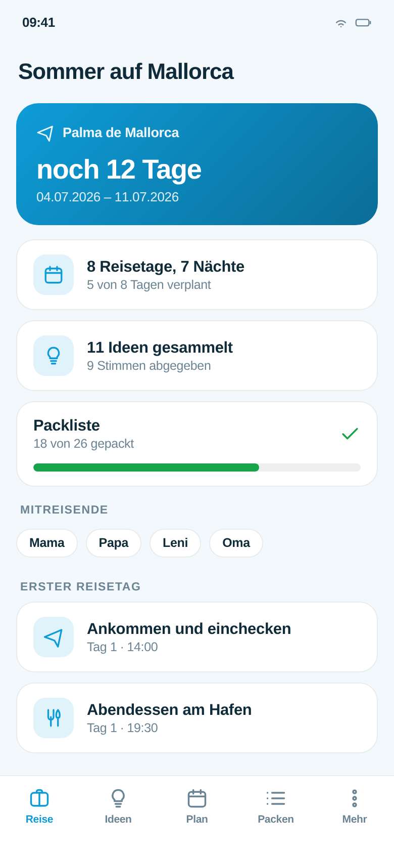 Urlaubsplan: Reiseübersicht mit Countdown
